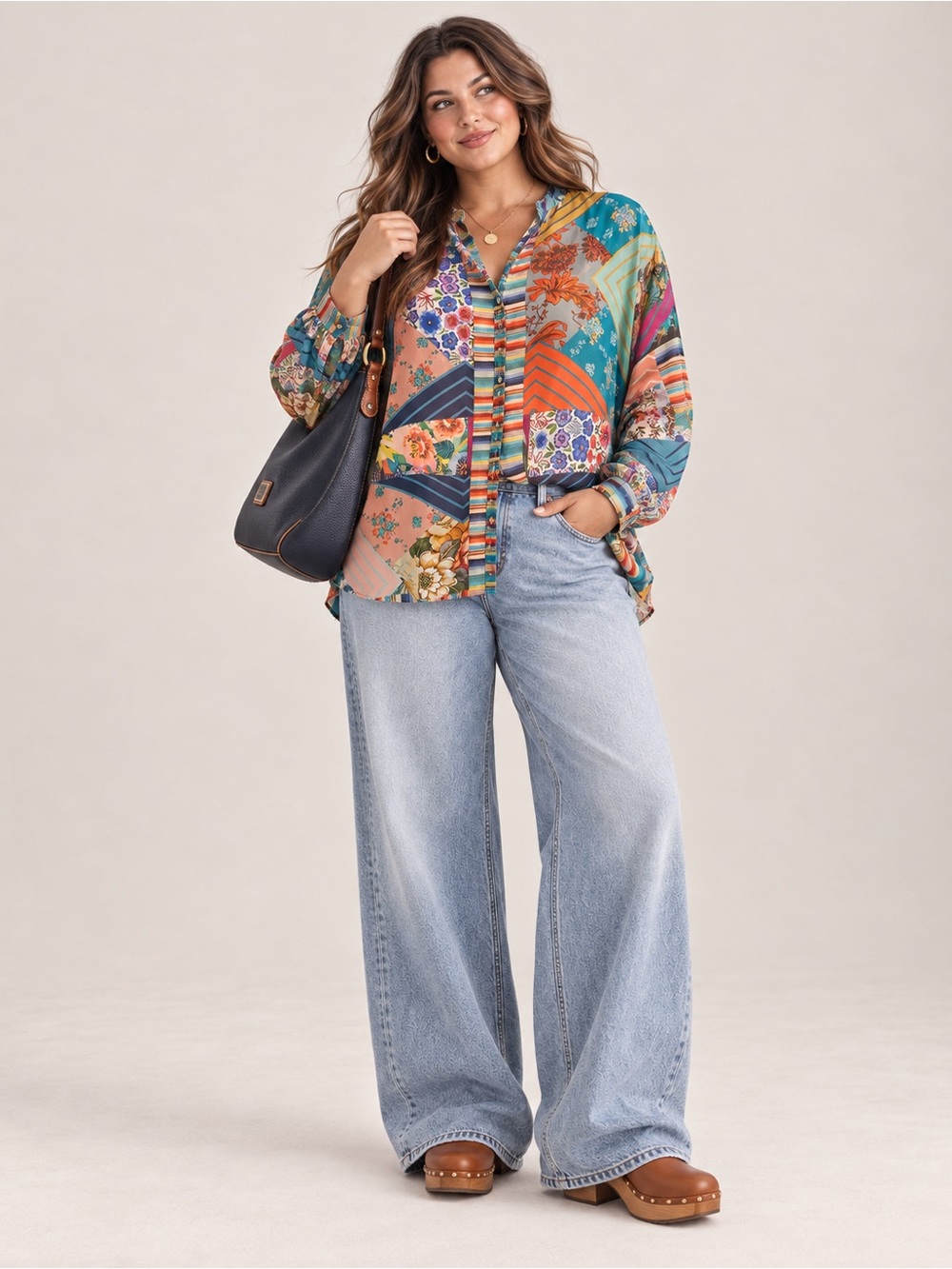 Johnny Was Multicolor Patchwork Floral Button-Front Jacket - Teal, Coral, Navy
